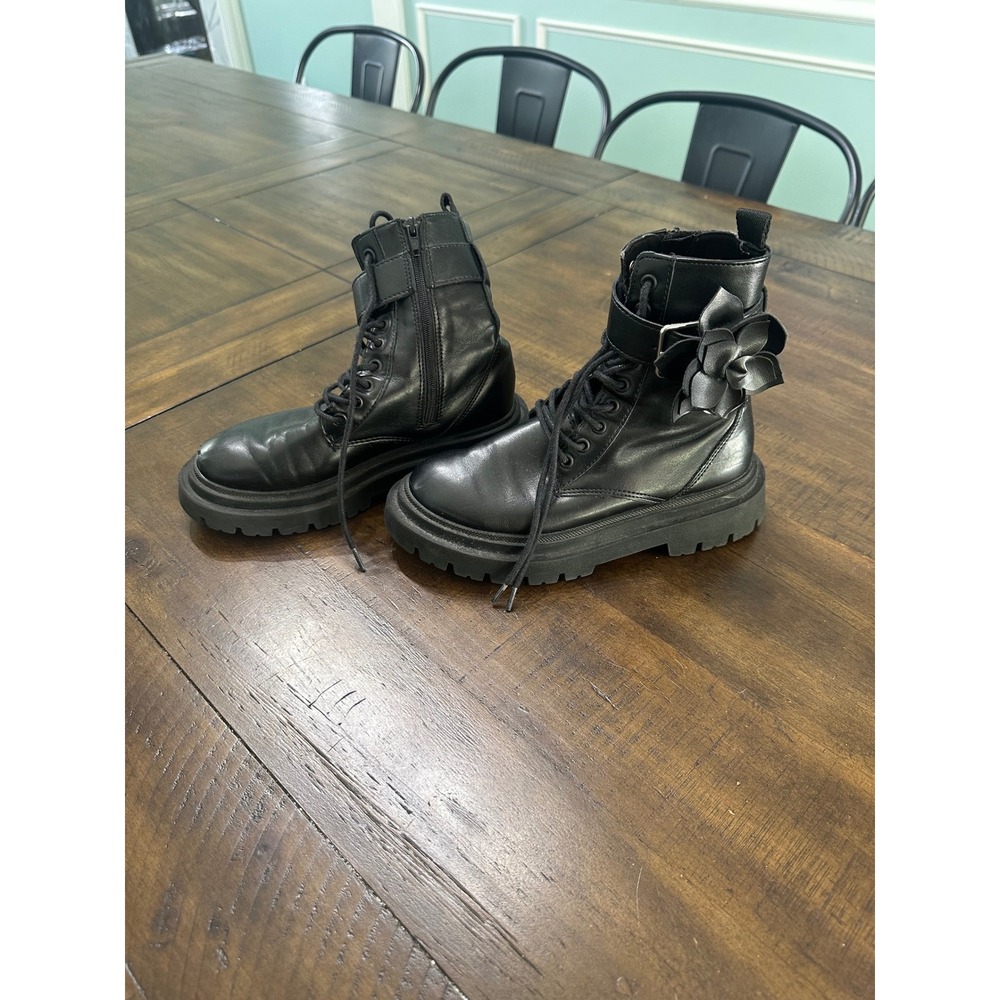 Zara Kids Black Floral Combat Boots Side Zip Lug Sole Size 33 2122/233/800